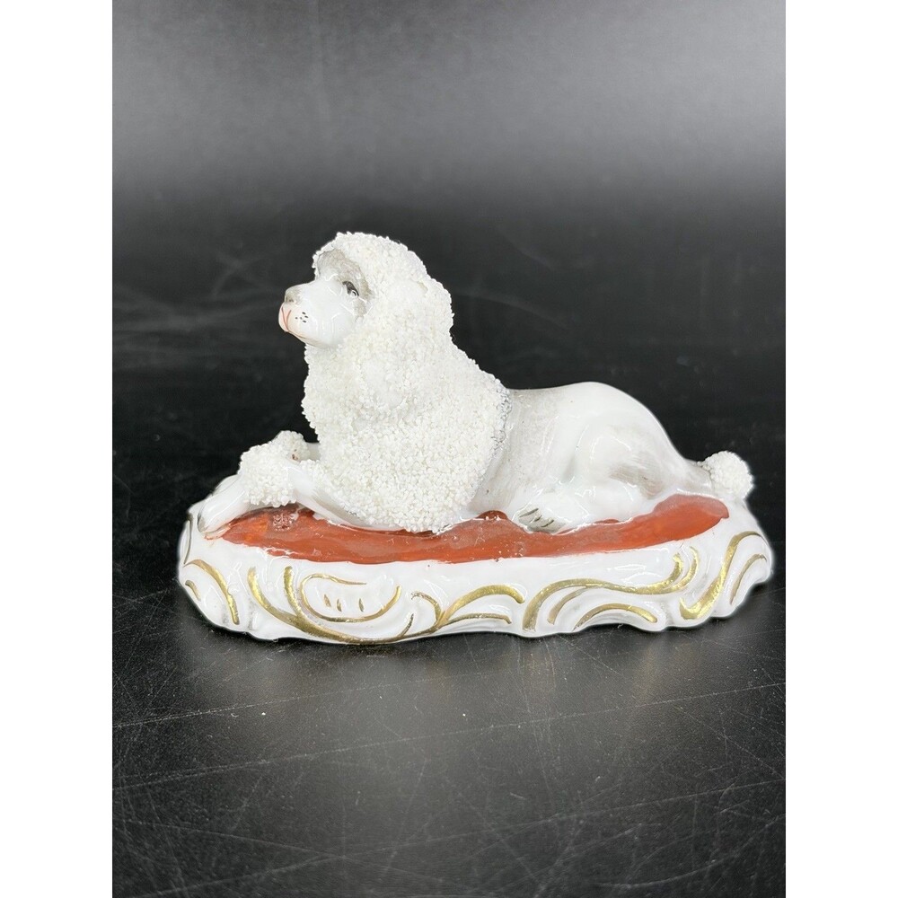 Vintage German Porcelain White Poodle Dog Figurine Gold Laying Pillow Germany